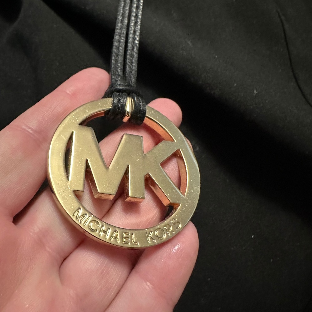 Michael Kors MK Gold Tone Logo Charm Keychain / Bag Charm Black Leather Strap